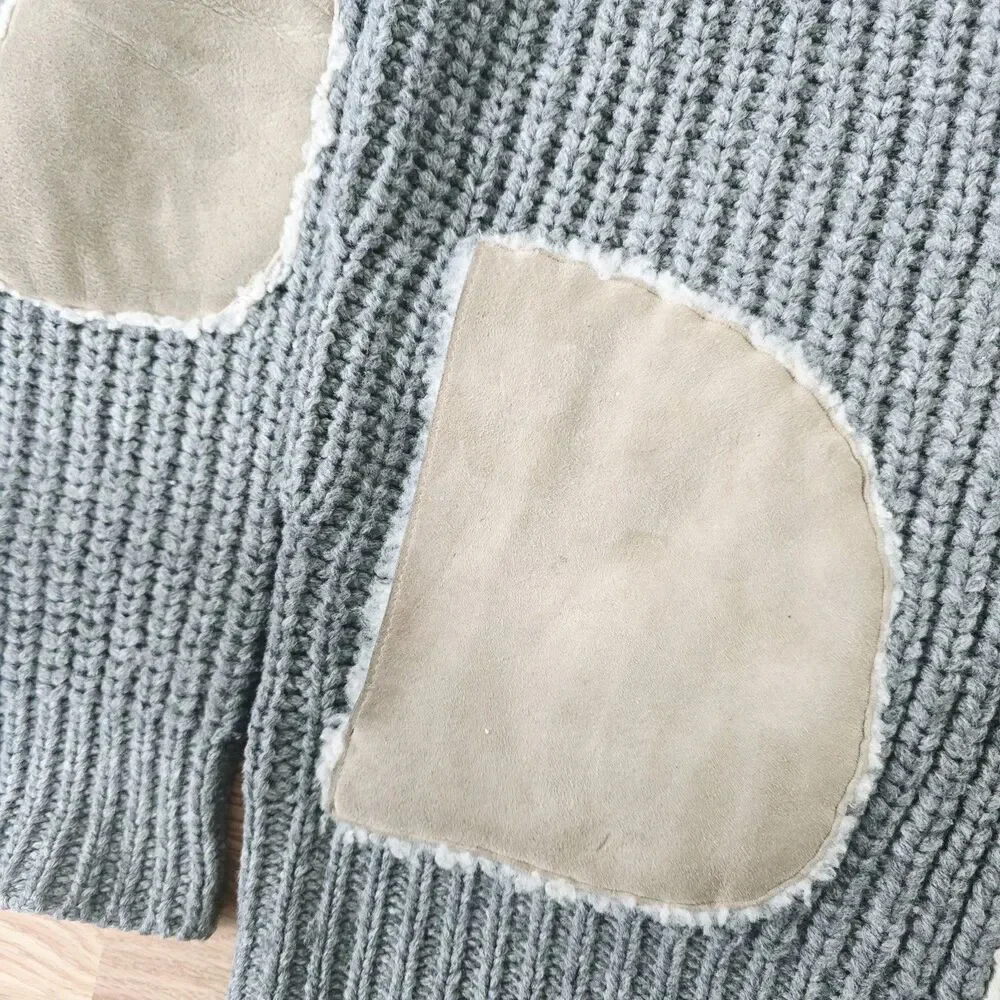 Michael Kors Ribbed Wool Knit Cardigan Lamb Shearling Sweater Size L Elbow Patch